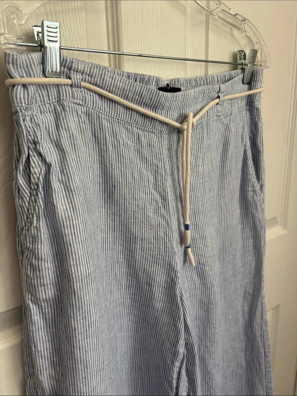 Tahari wide Leg Linen Blue and White Pinstripe Drawstring Pants Sz Medium beach